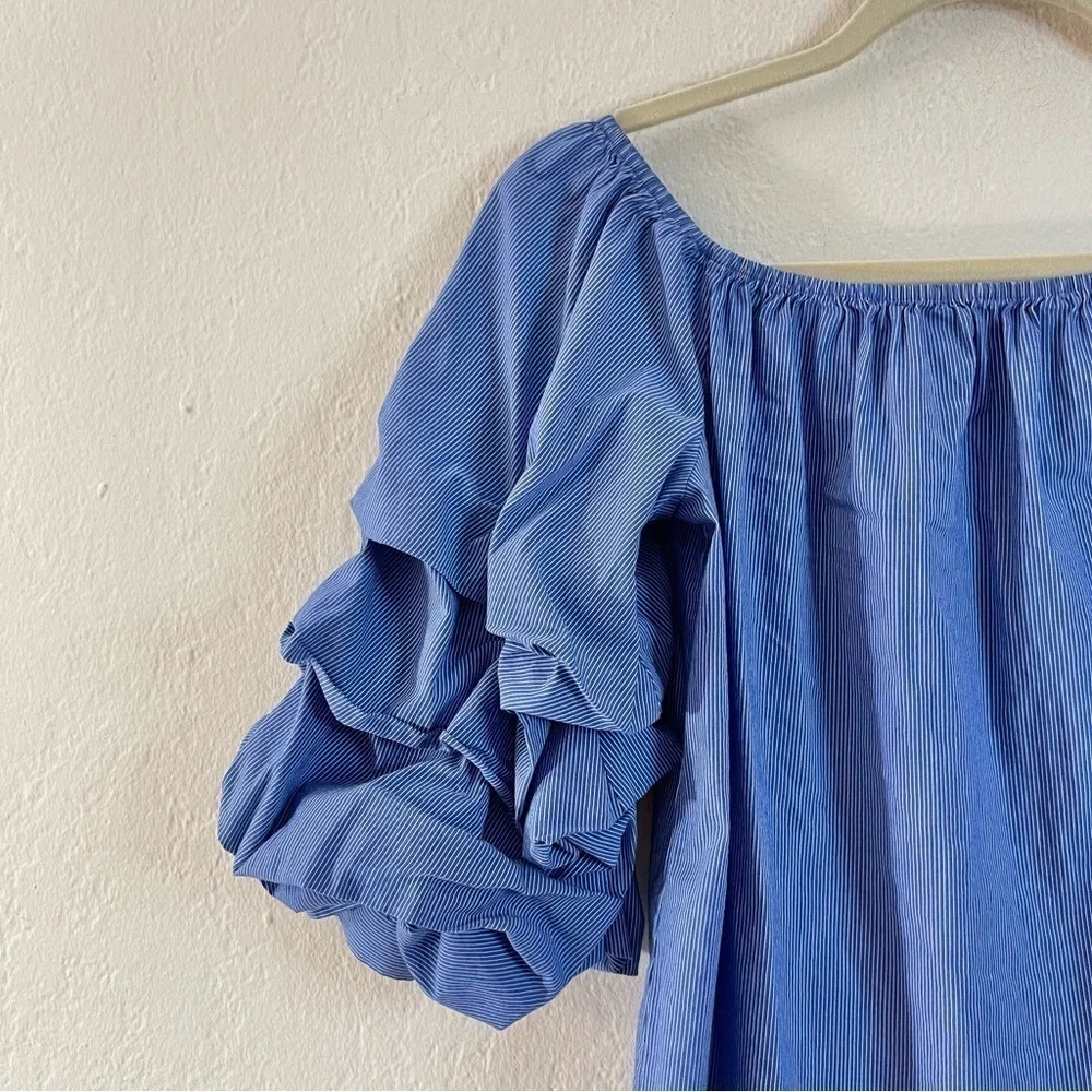 Zara Puff Sleeve Pinstripe Off Shoulder Blouse Women Size Small Blue/White Boho